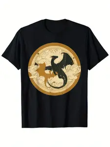 Fourthwing Merch Men's Vintage Dragon Graphic T-Shirt - Black Short Sleeve Tee with Golden Dragon & Clouds Design, Round Neck Casual Shirt for Running, Outdoor Activities &, Easter, Music Festival, Mother's Day Gifts