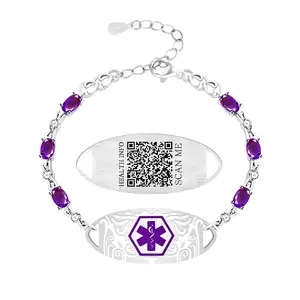 Uloveido Purple Zirconia Medical Alert Bracelet for Women | Stainless Steel Emergency ID Jewelry with Dynamic QR Code, Scan to Update Medical Info Anytime, Adjustable Safety Bracelet for Travel Sports Daily Wear