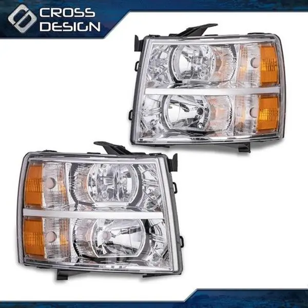 CROSSDESIGN D.O.T. Approved Headlight Assemblies Pair Set - Chrome Housing, Amber Corners, Bolt-On Car Light, Includes Bulbs, Vehicle Specific Fit Chevy Truck Accessory for 07-14 Silverado Exterior Upgrade