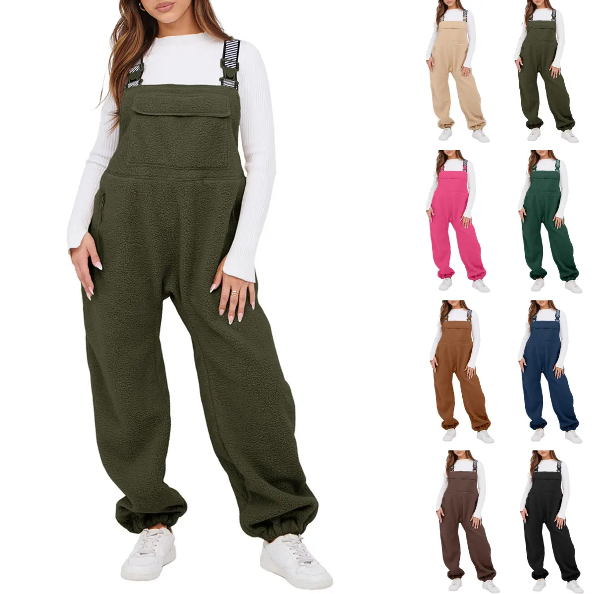 Molitree Women's Sherpa Fleece Overalls 2026  Warm Winter Casual Loose Jumpsuits Sherpa Bib Overalls Fuzzy Ski Pants with Pockets Basic Womenswear Coveralls Strap