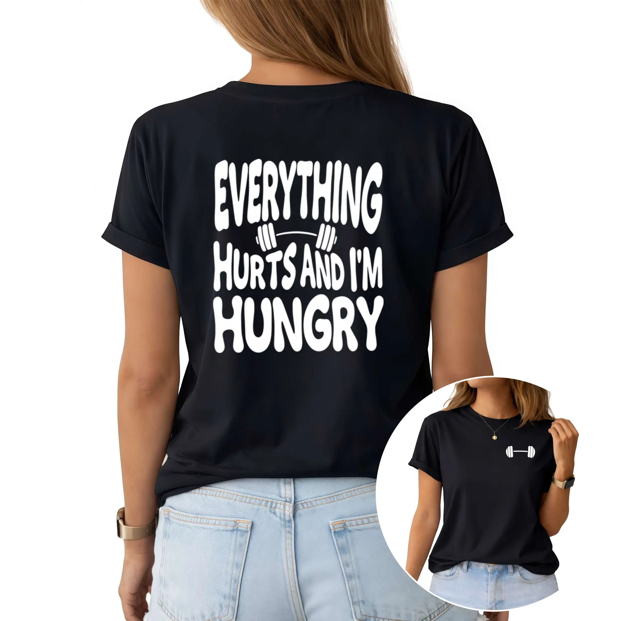Oversized Women’s Gym T-Shirt – Funny Weightlifting Graphic Tee with 'Everything Hurts and I'm Hungry' Print Fitness Casual Tshirt Activewear Clothing
