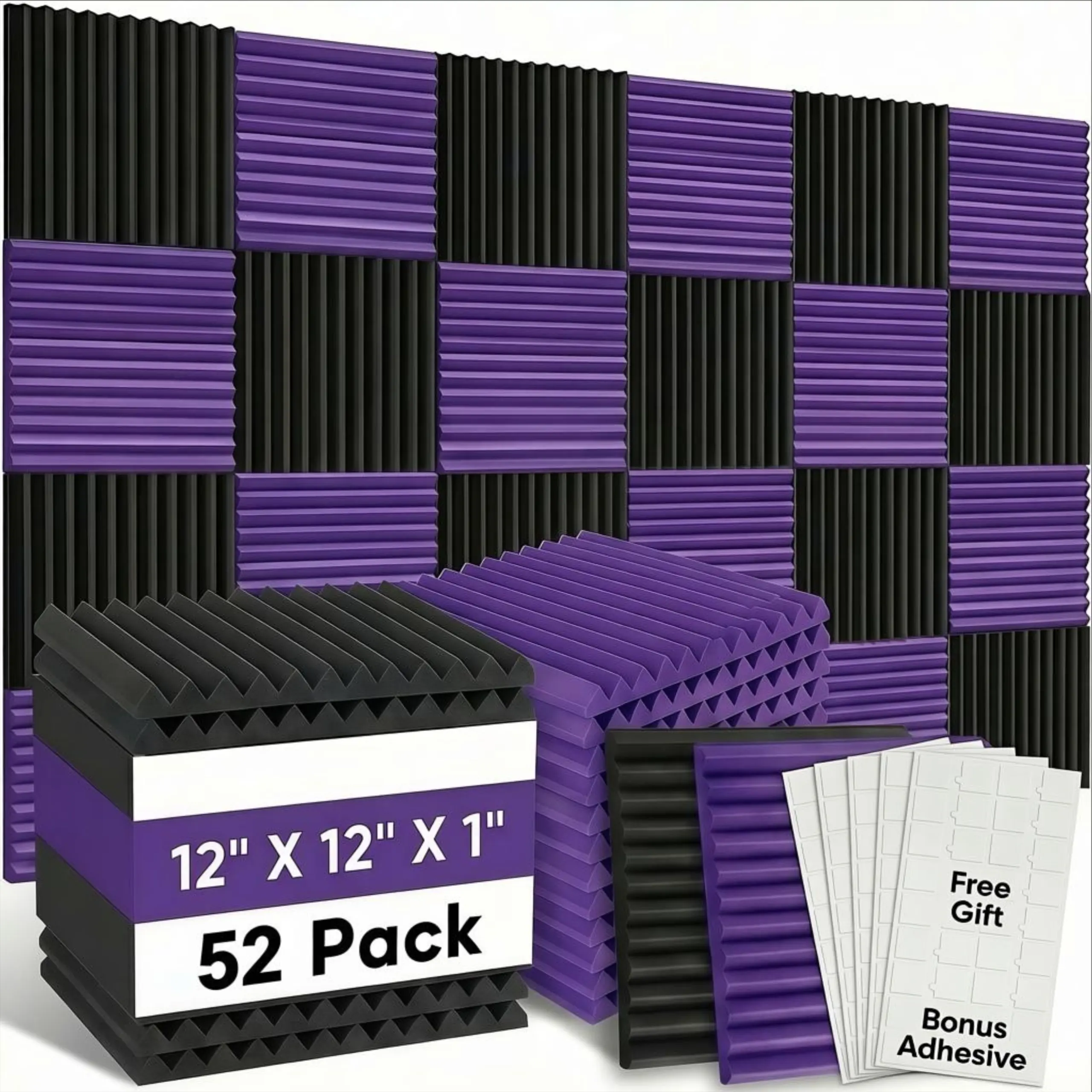 52 pieces of black and purple soundproof foam panels are suitable for walls, 1 X 12 X 12 inches (about 30 * 30 * 2.5 cm) soundproof foam panels, high-density sound-absorbing panels, and noise reduction studios