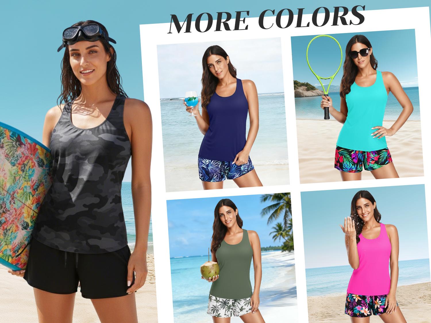 Aqua Eve Three Piece Tankini with Boyshorts Chlorine Resistant Quick Dry Modest Athletic Bathing Suit with Pockets Cool Toned Print Built in Shelf Bra for Beach Vacations Pool Parties Surfing Water Aerobics Summer Getaways Womens Sporty Swimwear