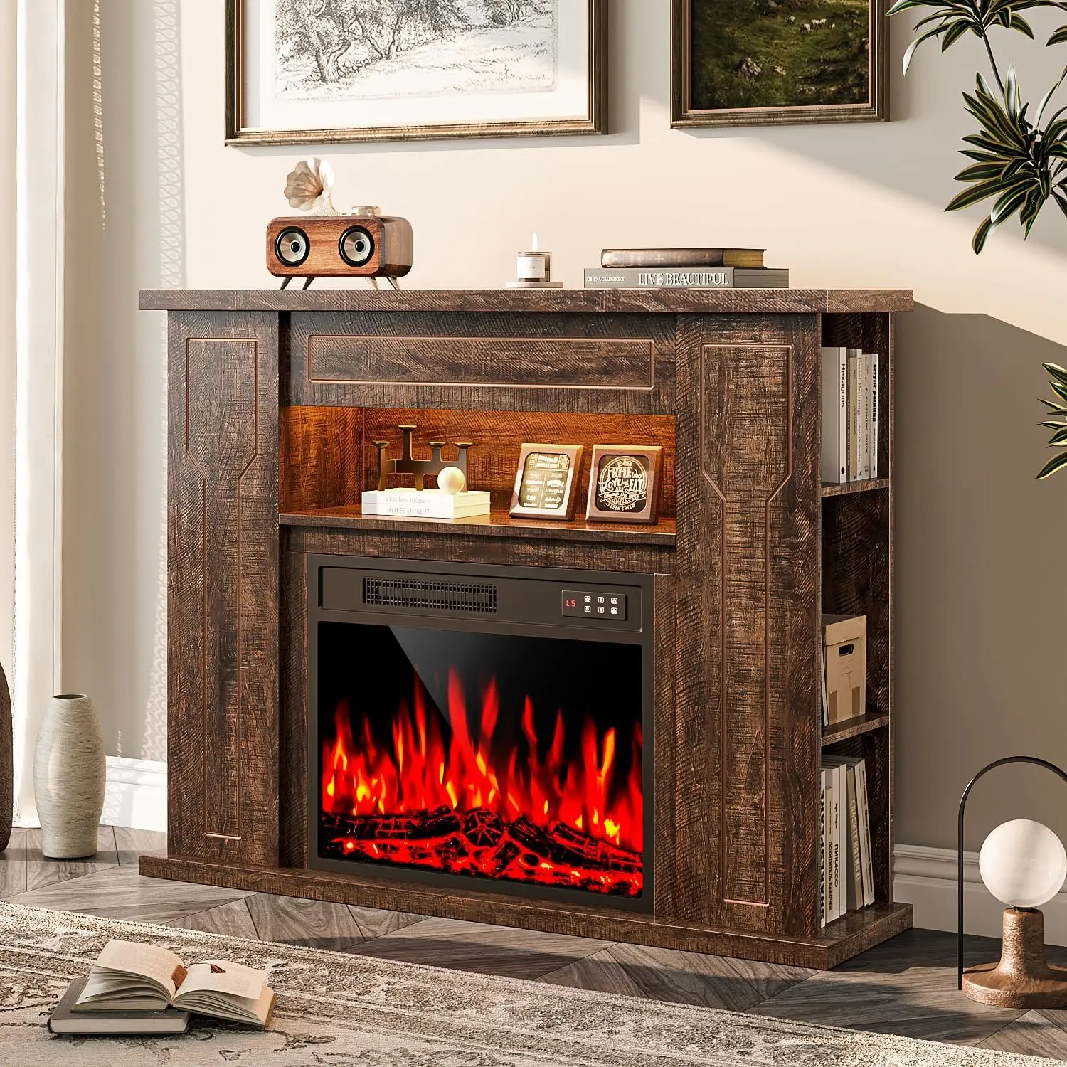 PUKAMI 43" Freestanding Electric Fireplace Mantel TV Stand - 23" Insert Heater, 7 Adjustable Flame Colors, LED Light, Dark Oak Backlit Storage Shelf Cabinet, Remote-Controlled Lockable Home Appliances for Farmhouse Rustic Living Room, Display Cabinet, Rem