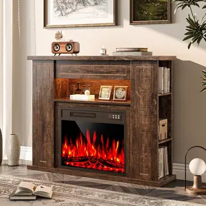 PUKAMI 43" Electric Fireplace with Mantel, Freestanding 23" Fireplace Insert Heater with 7 Adjustable Flame Colors, Wooden Entertainment Center with Storage Shelf and LED Light for Living Room