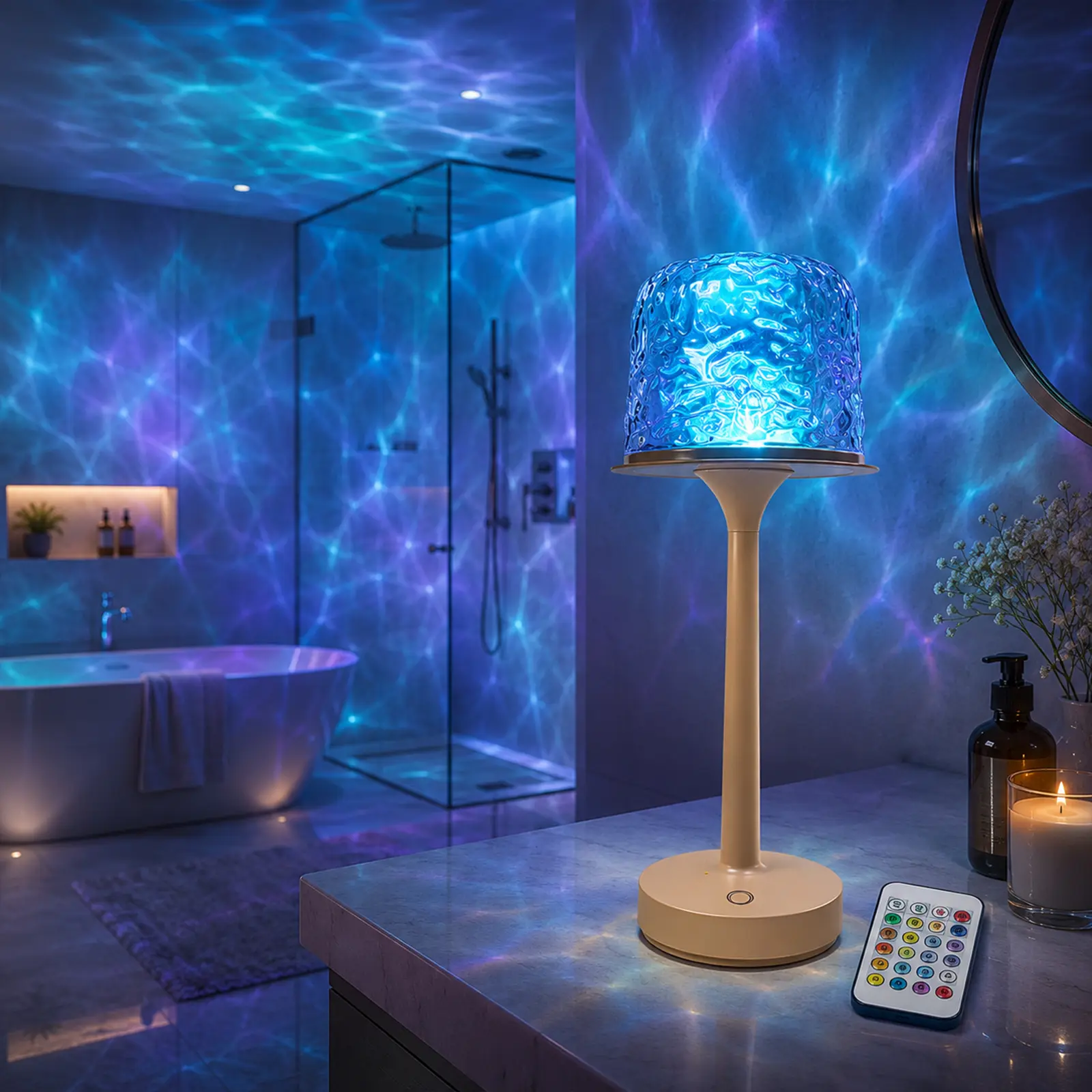 Ocean Wave Water Ripple Table Lamp - 16-Color Aurora Ambient Indoor Desk Lamp with Remote Control, Wave Projection Romantic Night Light, Bedroom Home Decor Gift, Indoor Use