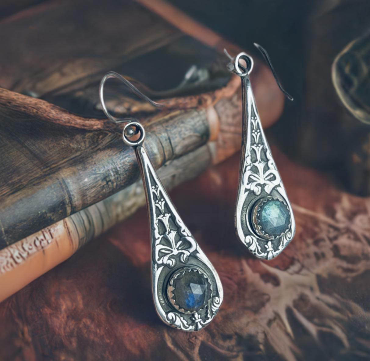 Loved To Death Gothic Victorian Handmade Sterling Labradorite Bow Earrings