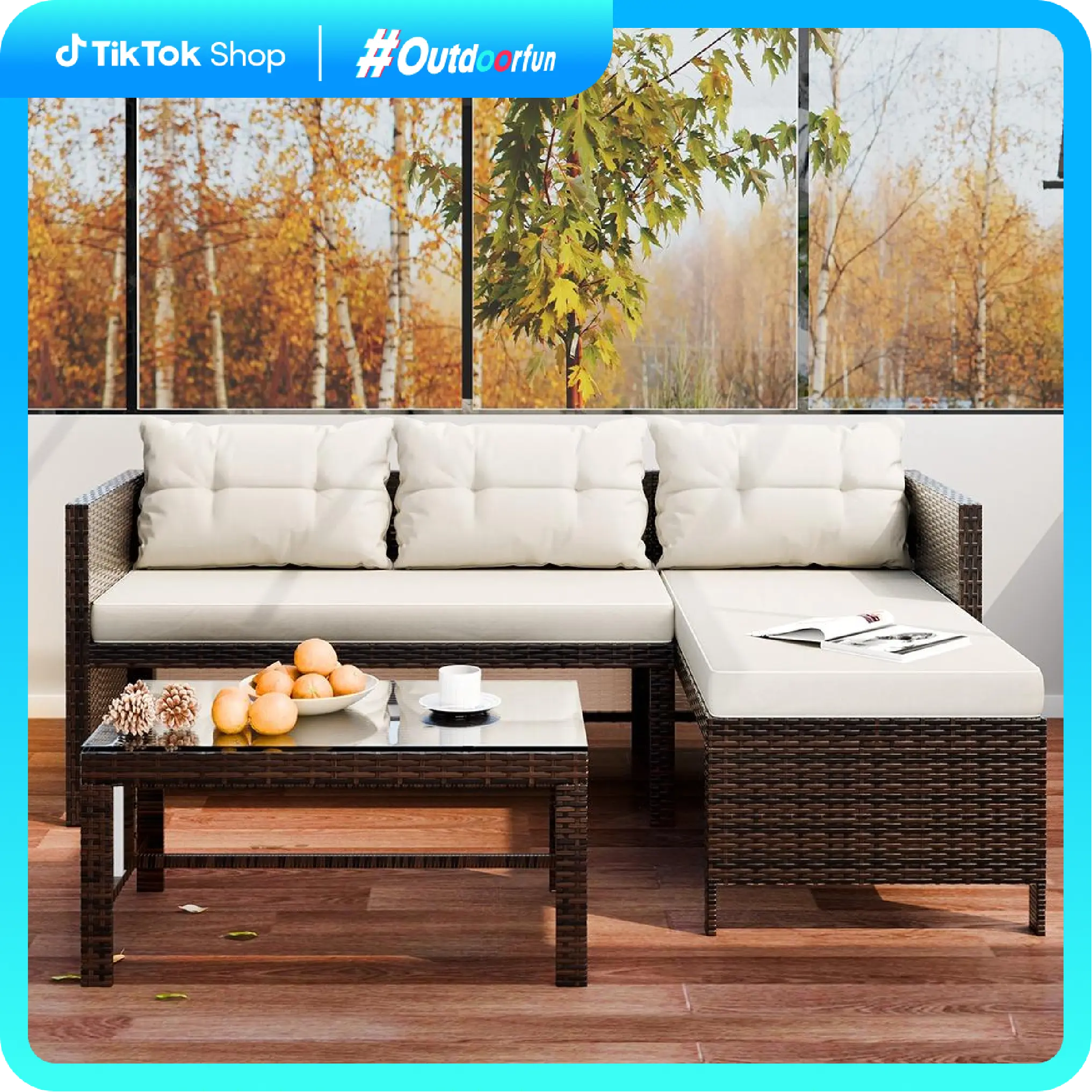 Walsunny 3-Piece Outdoor PE Rattan Furniture Set,  All Weather Wicker Rattan Patio Conversation Sofas with Glass Coffee Table, Sectional counch, Beige
