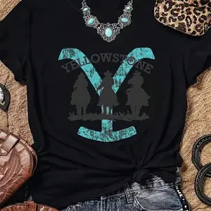 Western Cowboy Print T-Shirt, Short Sleeve Crew Neck Casual Top For Summer & Spring, Women'S Clothing