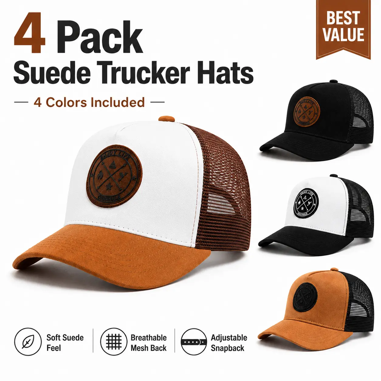 Men's Hats 4-Pack Suede Trucker Hats - Adjustable Snapback, Curved Brim, Breathable Mesh Back Unisex Fit Caps for Casual Outdoor Wear