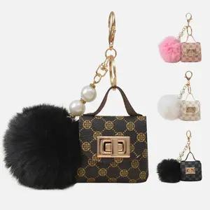 Zaleeta Vintage Faux Fur Earphone Mini Bag Keychain Charm, Unique Charm Lock Buckle Women's Bag Travel Accessory, Elegant Geometric Pattern, Bag Charms