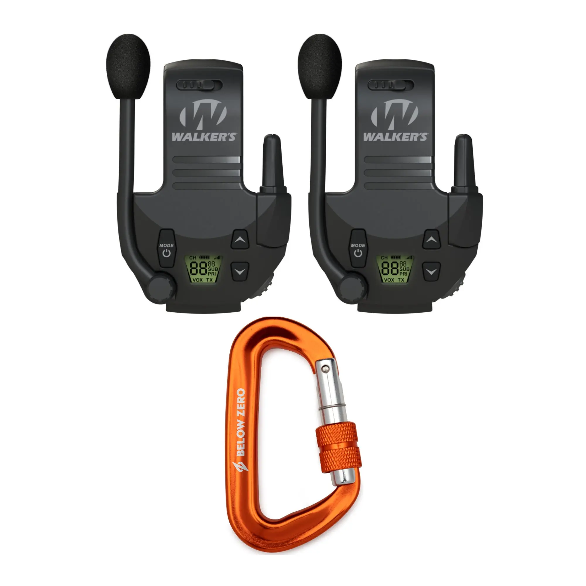 Walkers Tactical Walkie Talkies (2-Pack) – Audio Electronic Gadgets with Adjustable Noise Reduction Compatibility for Razor Muffs, Clip-On Carabiners Included
