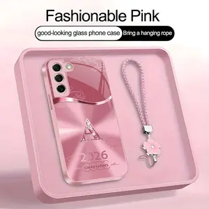 Suitable for [Galaxy S21 Fe 5g] high-end women's phone case🤩，a free four-leaf clover lanyard is included, with 26 letters of the alphabet to choose from，auspicious cloud patterns bring you good luck YM99