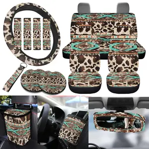 Car Seat Cover Set for Women, 15pcs Auto Western Cow Print Interior Accessories Protector,  Steering Wheel Protector Seatbelt Pads Keychain Coasters Garbage Bag, Mother‘s Day Gift