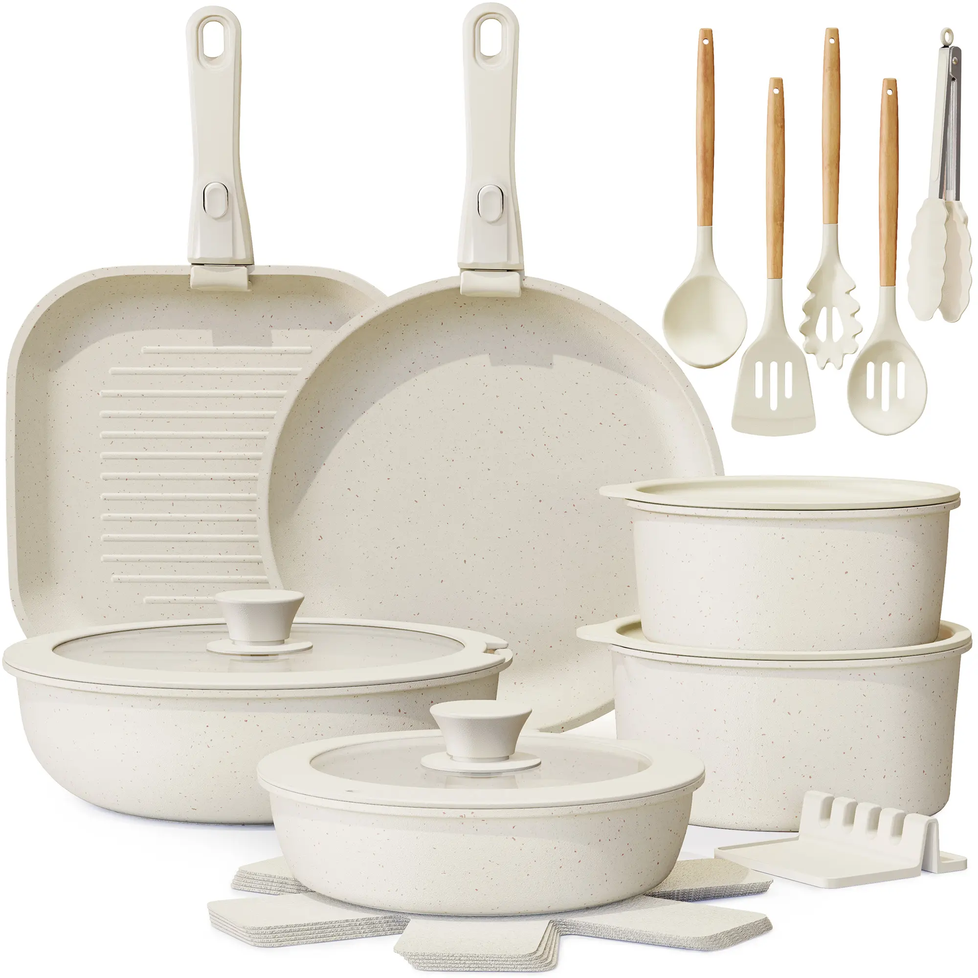 Astercook 22pcs Ceramic Aluminium Non-Stick Pots and Pans Set - Removable Handles, Oven-Safe, Stackable, Dishwasher-Safe - Frying Pan, Stew Pot, Steamer - Black Friday Deals Cooking Set Kitchen Supplies