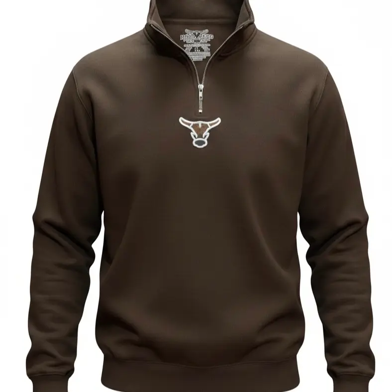 Rancho Original Western Apparel Co. Chocolate 1/4-Zip Unisex Menswear Top, Knit Pullover with Bull Logo, Western-Inspired Plain Casual Long-Sleeve Sweater