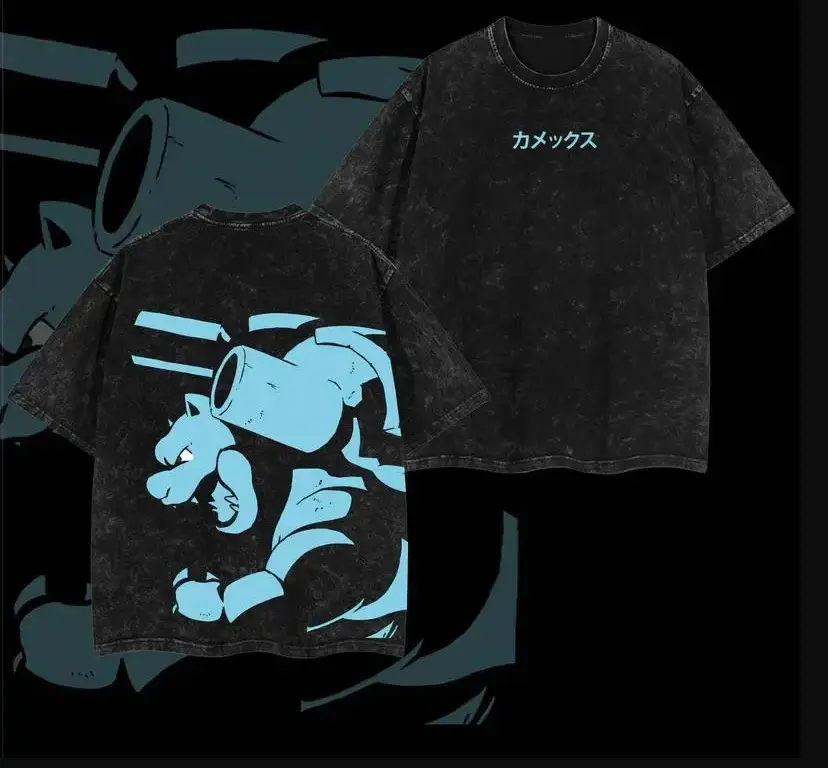 [Anime Streetwear Style] Blastoise Kamex Double Sided Graphic Premium Acid Wash Hoodie T-Shirt, Oversized 100% Cotton Monster Graphic Tee for Men Women, Vintage Streetwear Shirt, Unisex Casual Apparel, Gift for Monster Collectors