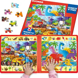 QUOKKA Magnetic Puzzle Set - 2-Pack Intermediate Kids' Search & Find Puzzles for 4-6 Years, 60 Pieces Each, Travel-Friendly Board with Hidden Objects, Construction & Dino Scenes for Children Development
