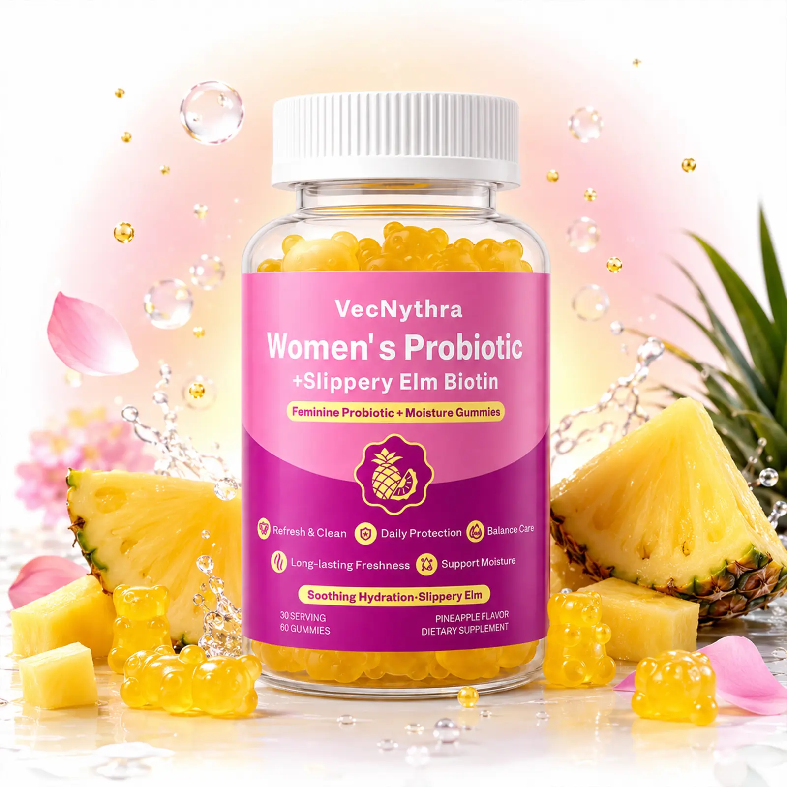 Women's Probiotic & Prebiotic Gummies with Slippery Elm, Biotin, Vitamin C, Supplement Routine Support for Gut & Feminine Flora Balance