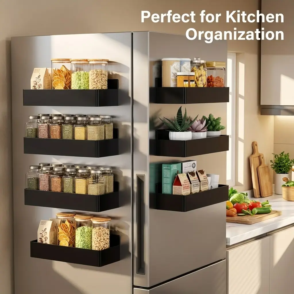 4pcs Magnetic Kitchen Organiser Set - Home Supplies No-Hole Storage Solution with Magnetic Hook, Spice Holder, Towel Holder, Utensil Rack, Adjustable Standing Shelf, Easy Installation Space-Saving Set Pack