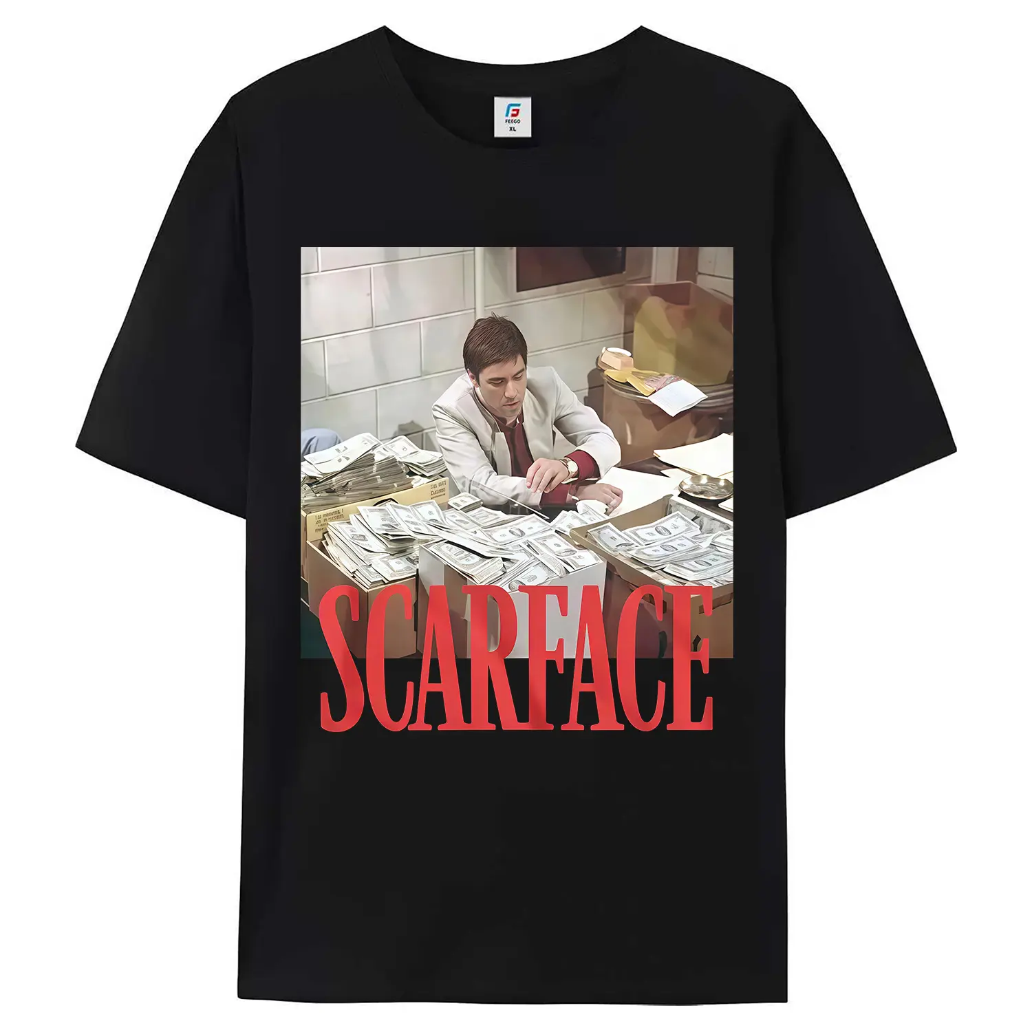 Men's Sporty Handmade Knitted Short-Sleeve Soft Graphic Tee - Scarface Stacks of Cash Movie Themed Sports Top