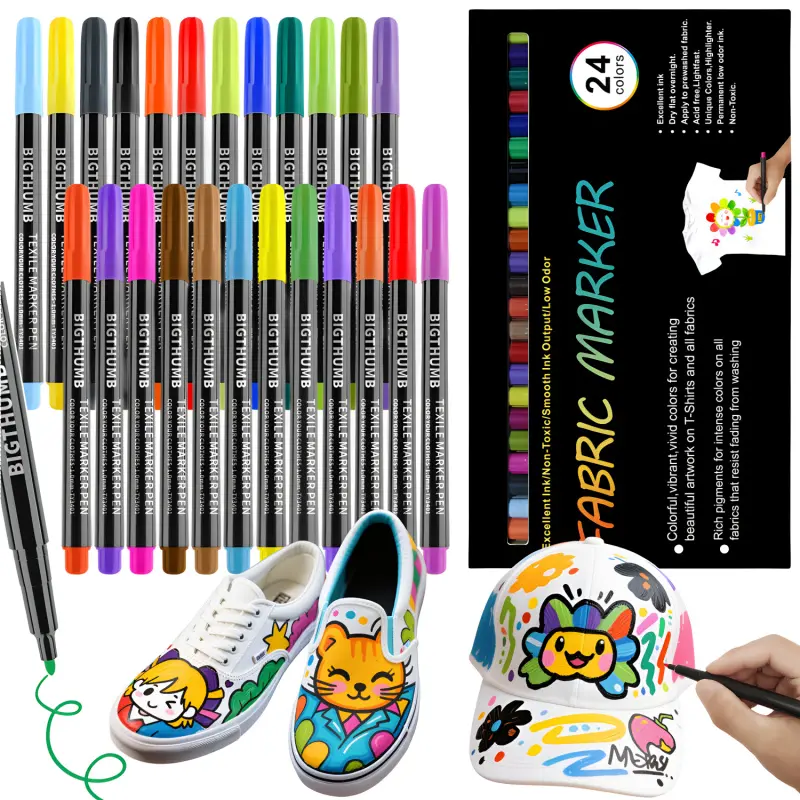 Fabric Markers Permanent For Clothes, 24 Colors Fabric Pens - Art Pen Marker, Waterproof & Machine Washable, No Bleed Pens for T-Shirt, Canvas Shoes, Bags, Pillowcase, Fine Tip Clothing Markers for Laundry Marker