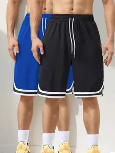 Men’s basketball shorts, set of 2, featuring a drawstring and a stylish woven tape hem design; polyester fabric; quick-drying and breathable; suitable for basketball, running, mountaineering, and everyday casual wear.