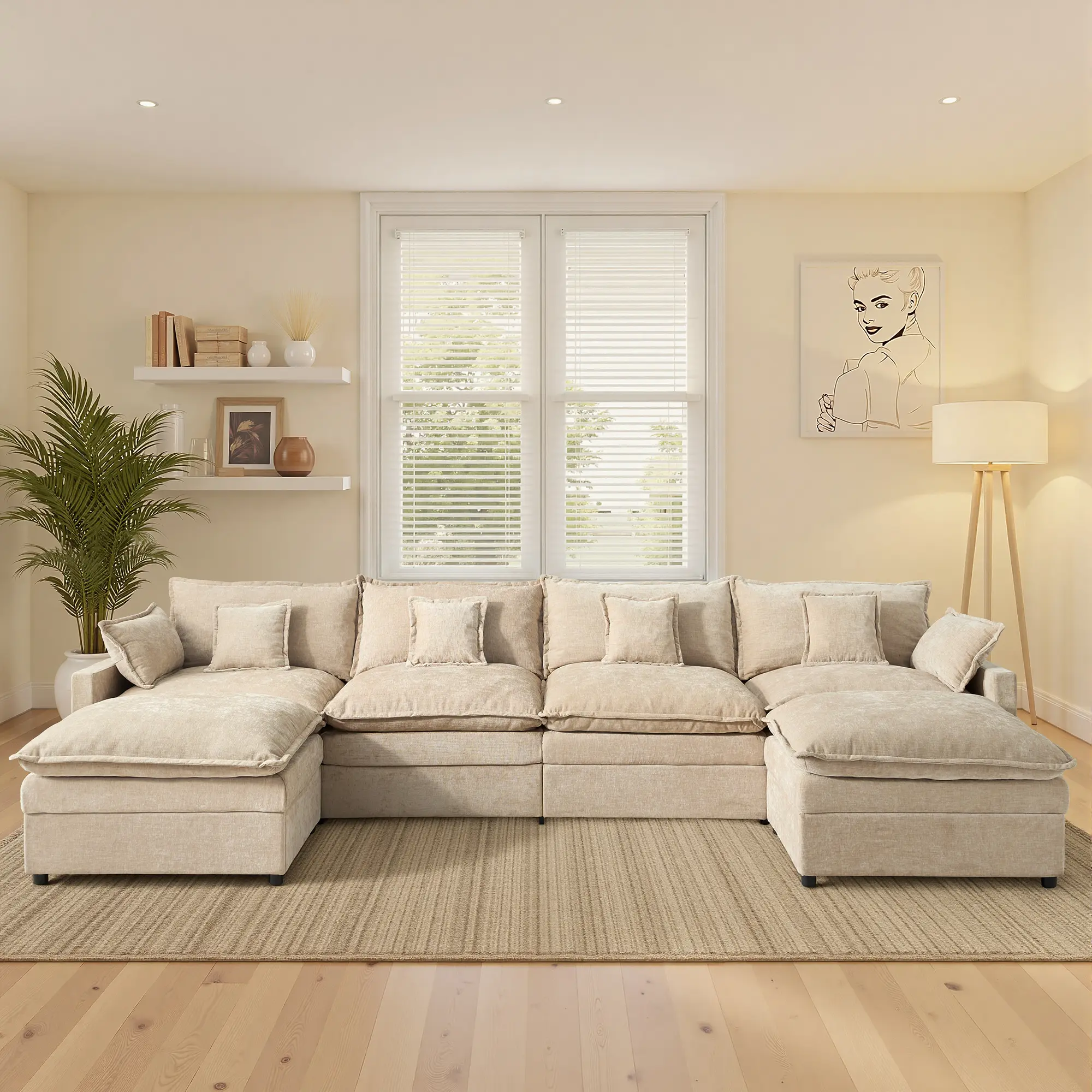 【2/3 Packages Shipping】Ovios 143" U-Shaped Modular Sectional Sofa with 2 Ottomans, Comfy Chenille Cloud Couch, Deep Seat Sofa Bed with 5 Pillows for Living Room, Bedroom & Apartment