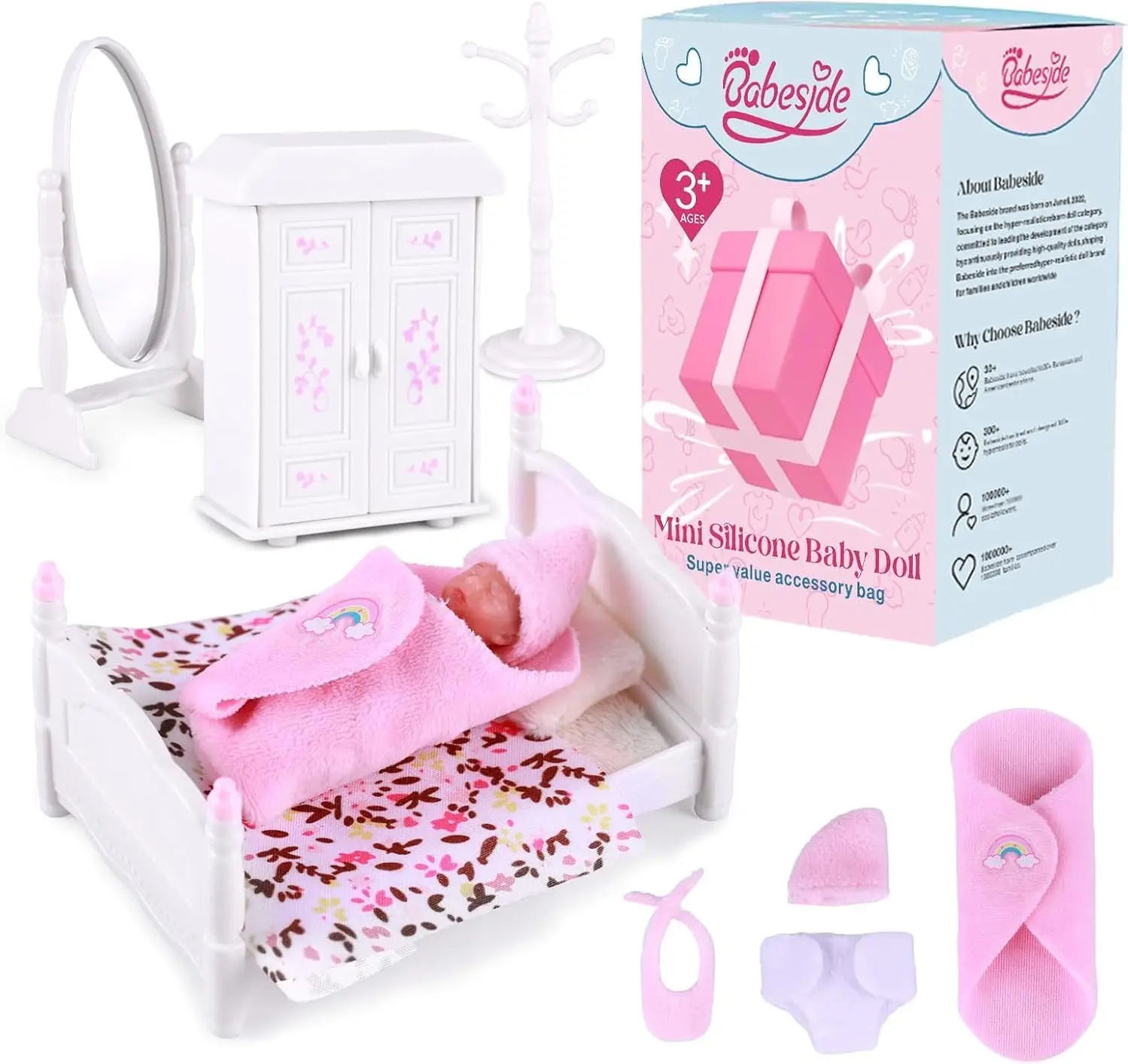 #backtoschool BABESIDE Mini Silicone Baby Dolls, 3 Inch Realistic Newborn Baby Dolls Full Silicone Sleeping Little Baby Dolls Mini Real Life Baby Girl Miniature Baby with Playset Accessories for kids age 3+