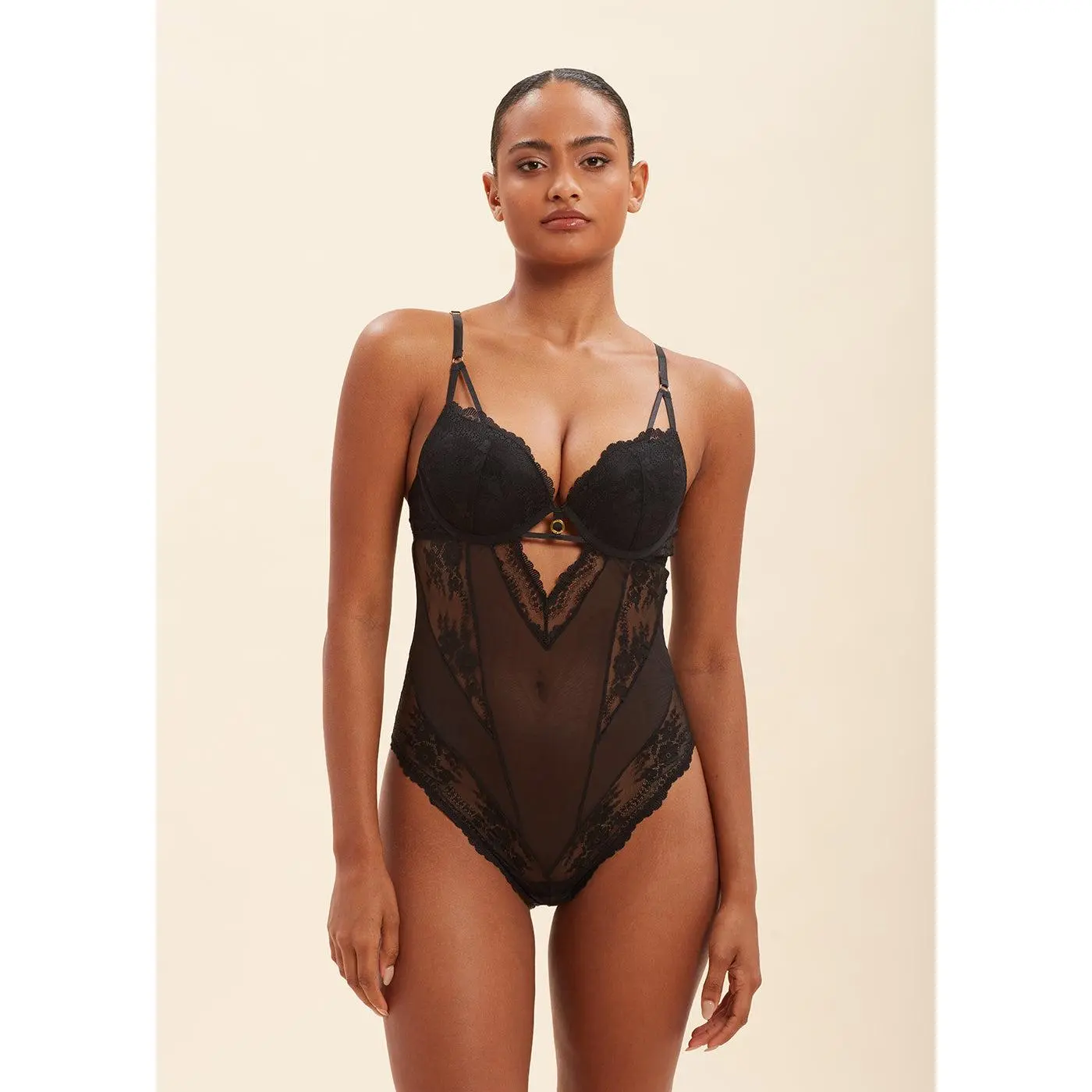 WENDIE Sexy Push-Up Black Mesh Recycled Lace Bodysuit