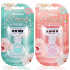 Modess Mini4 Portable Razor with Travel Case - 4 Blade Women's Shaver with Aloe Strip for Legs Underarms Bikini, Compact 7.4" Design