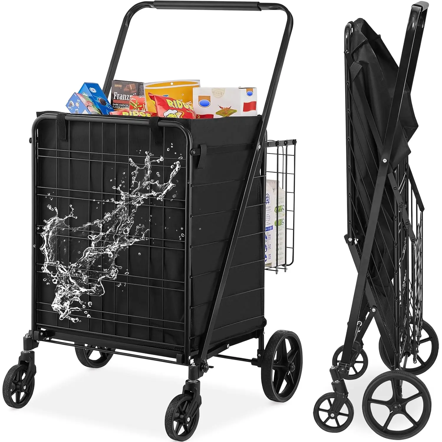 VEVOR Folding Shopping Cart with Removable Waterproof Liner, Max 330LBS Large Capacity Jumbo Grocery Cart with Dual Basket, 360° Swivel Wheels, Dense Metal Mesh Base, Heavy Duty Utility Cart#BackToSchool