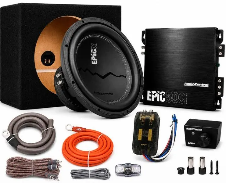 AudioControl Complete Bass Car Audio Speaker Package - 12" DVC Powered Subwoofer, 500W Monoblock Bass Amplifier, Enclosure, Amp Kit, Line Output Converter, Aftermarket Car Stereo Amplifier Component, Car Speaker Package