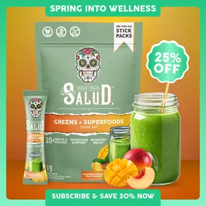 Salud 2-in-1 Greens Powder + Superfood Drink Mix Packets, 20+ Fruits and Veggies, Probiotics, Prebiotics, Supports Digestive Health, Bloating Relief, Vegan, Peach Mango (15 Servings)