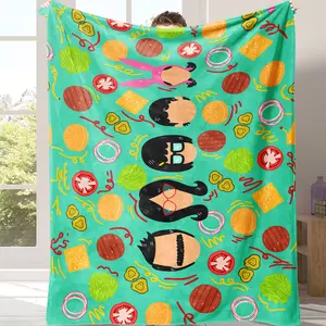 Burger Family Flannel Blanket Cartoon Food Print Soft and Warm Lightweight and Cozy Perfect for Sofa Bed Travel Camping and Makes a Great Gift for Food Lovers and Cartoon Fans Suitable for all four seasons A gift suitable for fans, friends and children