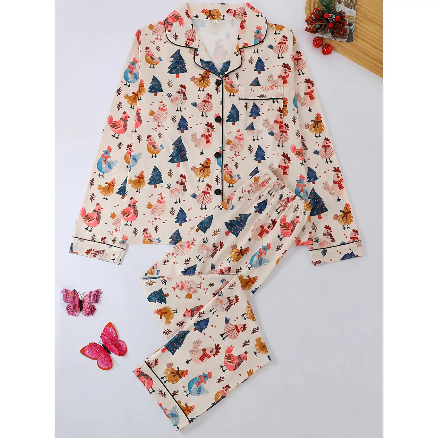 2pcs Autumn/Winter Casual Cartoon Chick & Christmas Tree Pattern Women's Pajama Set, Lapel Long Sleeve Button-Up Top and Elastic Pants, Suitable for All Seasons Home Wear