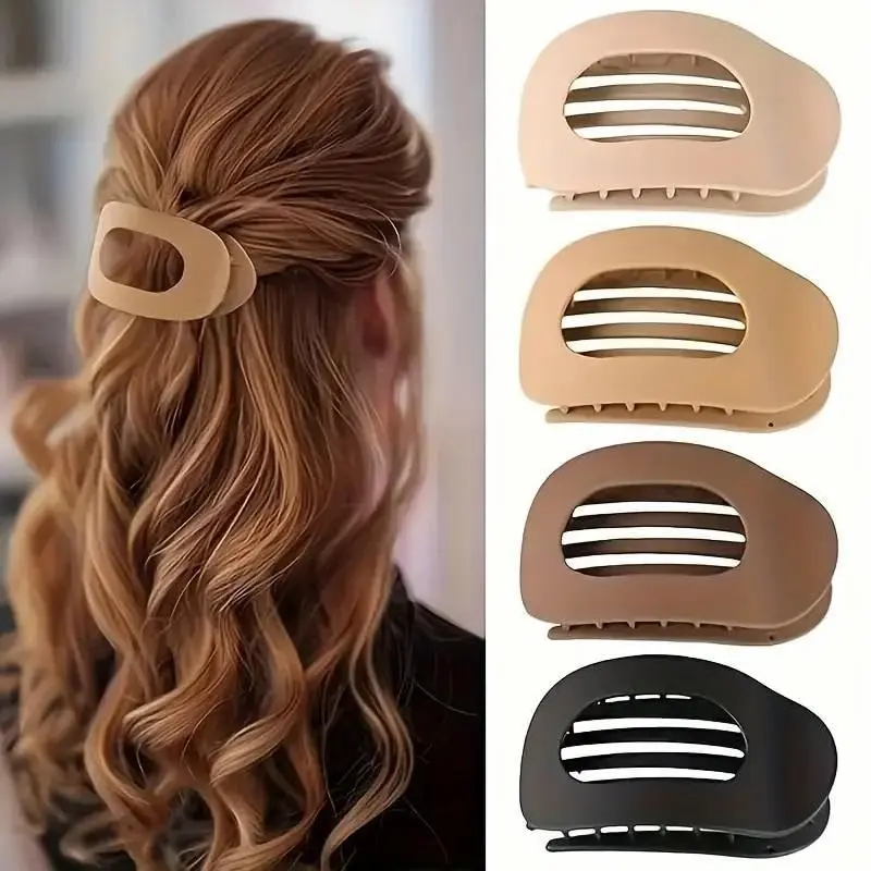 Women's Matte Square Flat Claw Clips Set (4 Pcs) - Curved, Open-Bar Structure, Minimalist Basic Synthetic, Non-Slip, Durable Secure Hold for Thick/Thin Long/Short Hair, Round Lay Flat French Barrettes, Casual, Plain