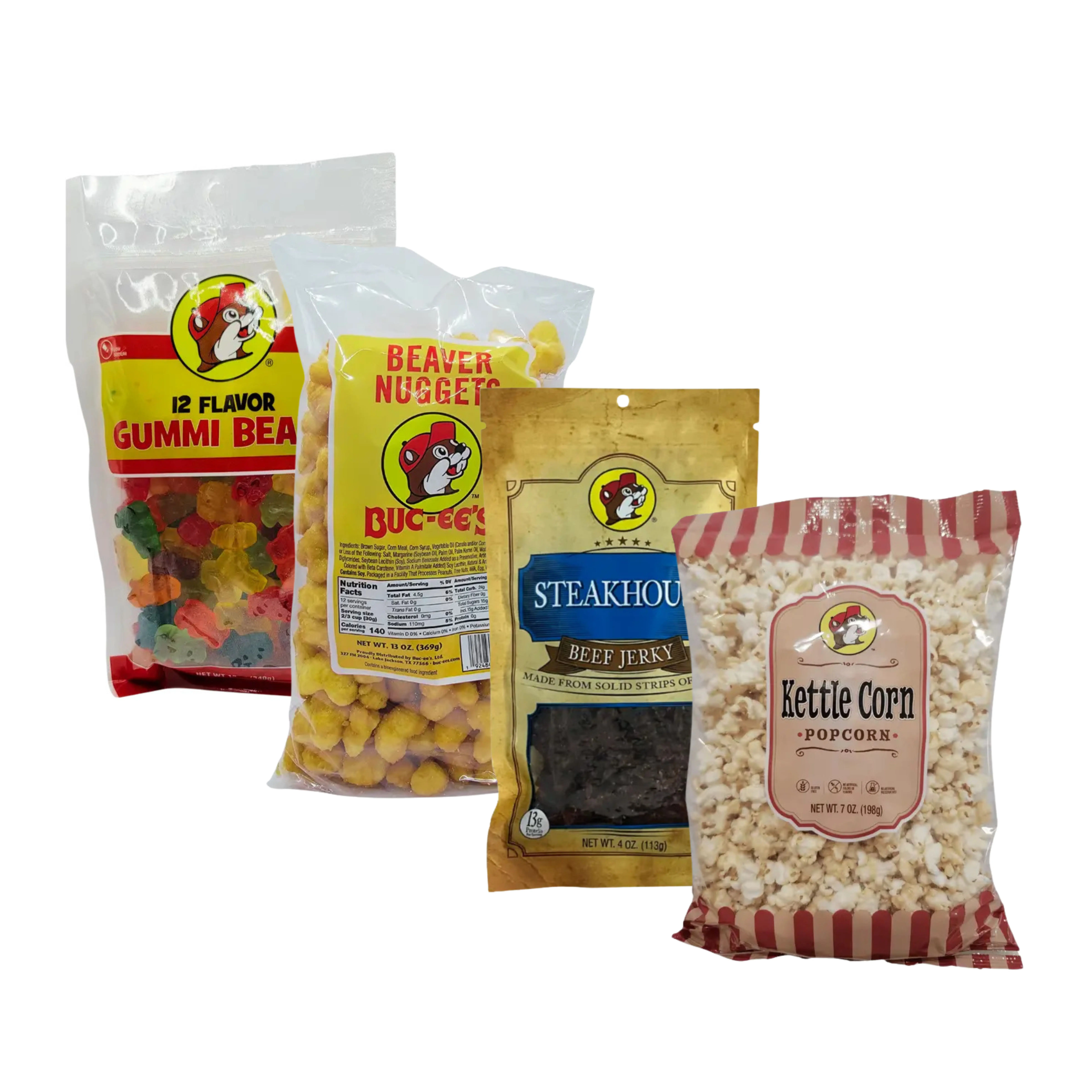 Buc-ee's 4-Piece Assorted Packaged Snack Foods Bundle - Beaver Nuggets, Bold Flavor Beef Jerky, 12-Flavor Gummi Bears, Salted Crisps & Puffed Snacks Kettle Corn, Authentic Resale by Howdy Bitez