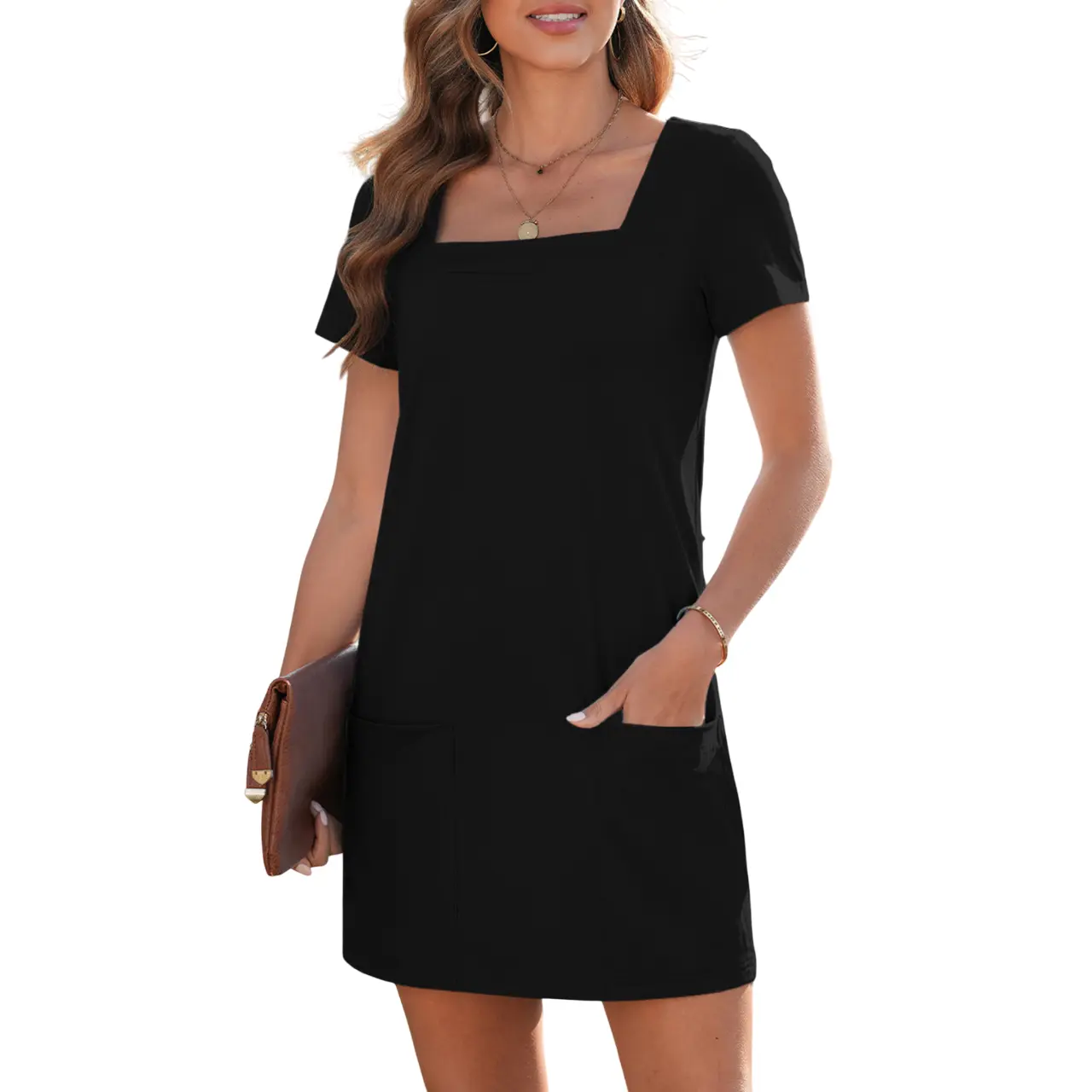 EVALESS Women's Casual Align Mini Dress, Stretchy Solid Square Neck Short Sleeve Summer Outfit with Pockets, Dealsforyoudays, Womens Dresses, Casual Dresses, Anti-Shrink Casual Dresses
