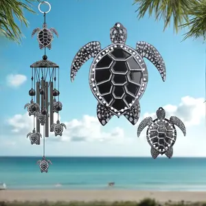Sea Turtle Wind Chimes For Outside — Coastal Vibe Home Decor with 4 Aluminum Tubes and 6 Lucky Tortoise windchimes for Indoor Outdoors Garden Yard Patio (Black)