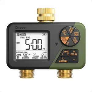 Diivoo Brass Sprinkler Timer 2 Zone, IP67 Waterproof Programmable Water Hose Timer 2 Outlet with Large Display, Rain Delay & Manual Watering for Outdoor Automatic Irrigation of Garden, Lawn, Yard