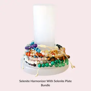 THE CRYSTAL ELEPHANT Selenite Charging Stand Bundle for Crystal Bracelets Harmonizer & Plate 4 Inches Tall Absorbs Negative Energy Cleanses Recharges Crystals