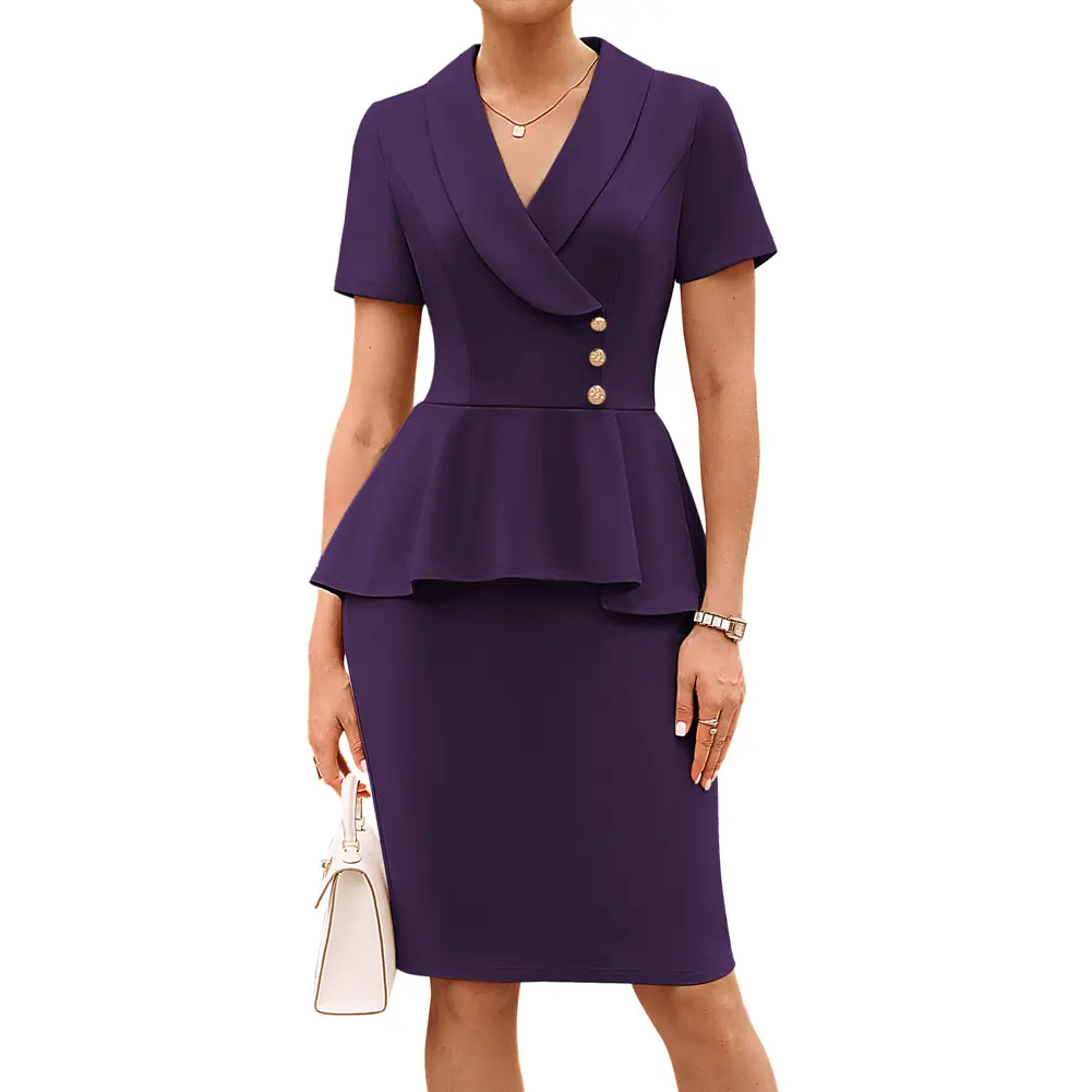 Grace Karin Women's Shawl Lapel V-Neck Ruched Bodycon Knee-Length Pencil Dress, Elegant Workwear for Office & Social Gatherings, Bodycon Fit, Ruffled, Fitted, Zip