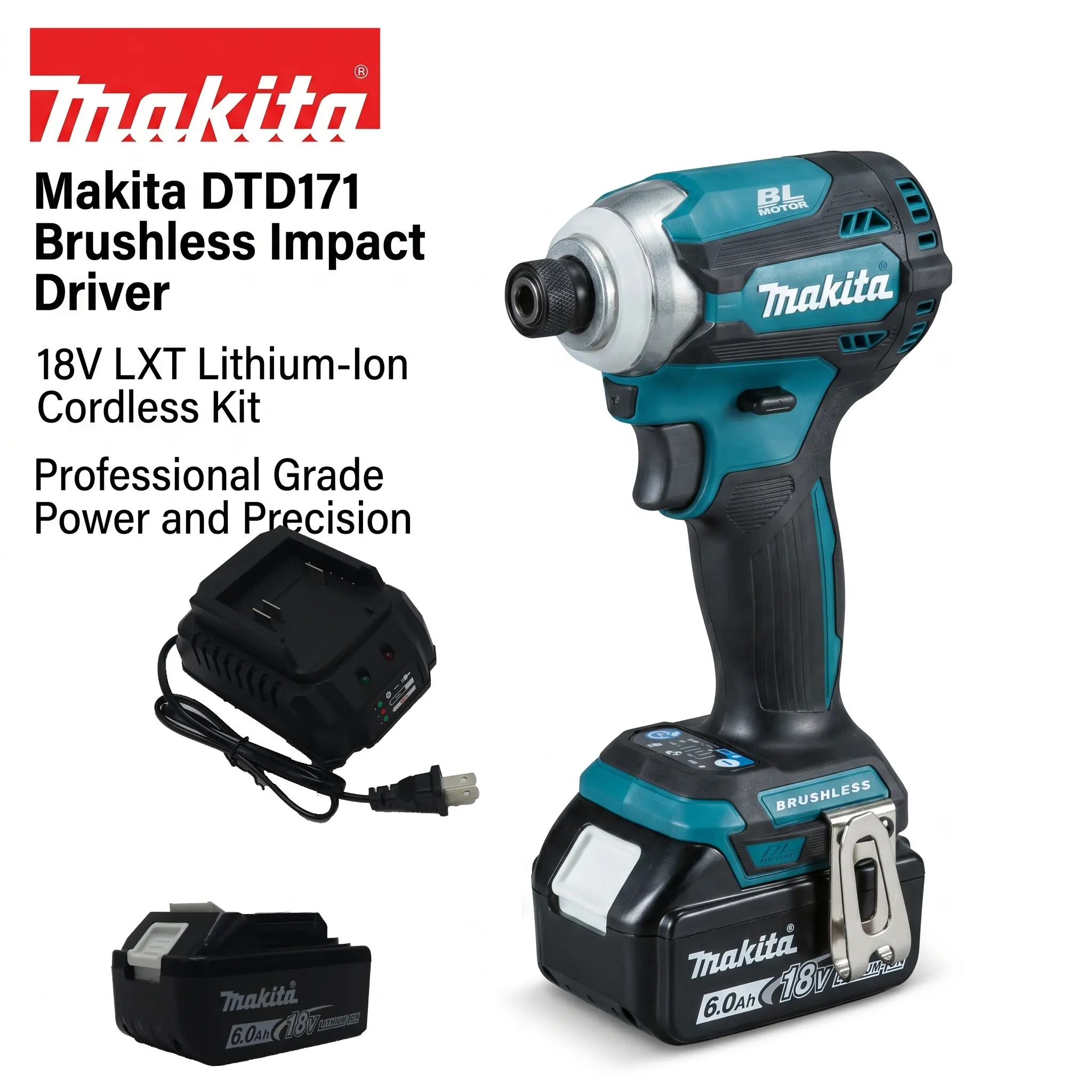 Makita DTD171 Brushless Motor Cordless Impact Wrench - High-Torque Heavy-Duty Hand Tool with Lithium-Ion Batteries, Brushless Impacto Function, Screw Removal, Cordless Freedom for Construction, Woodworking