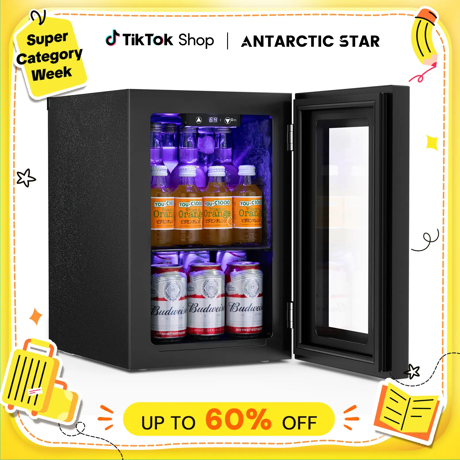 Antarctic Star 0.6Cu. Ft. Freestanding Compact Slim Wine Cellar Mini Fridge - 4-Bottle Red Wine & 6-Can Beer Storage, Quiet Compressor, LED Lights, Digital Display, 40-61℉, 14.88x11.02x16.73", Plugged-In, Black, Temperature Control