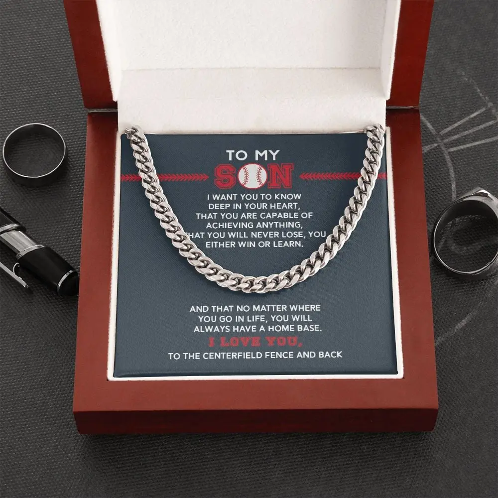 Elegant Stainless Steel Yellow Gold-Plated Baseball Cuban Necklace for Male Adults - Adjustable Chain, Engraved "Achieve Anything""Home Base", Birthday/Anniversary Gift, Baseball Theme, Complimentary Soft-Touch Box, LED Spotlight, Casual Jewelry Accessory