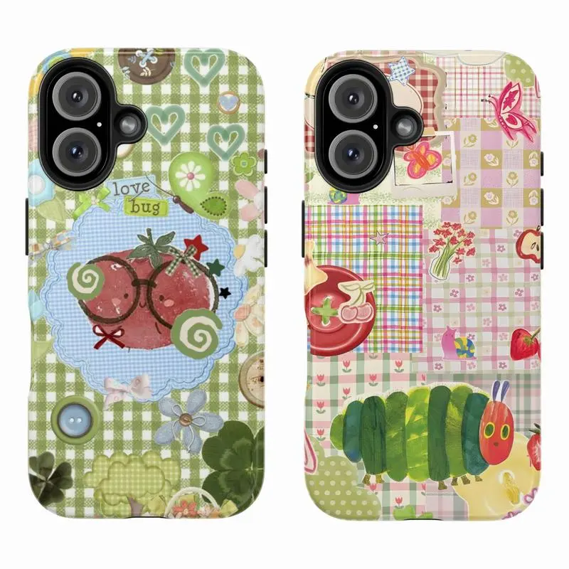 Cute Kawaii Patchwork Tough Phone Case for iPhone 11-17 Pro Max Plus. Juminocore Pastel Gingham Cottagecore Cat & Caterpillar Love Bug Collage. Anti-Drop, Waterproof, Shockproof, Scratch-Resistant, Glossy Full Protection.