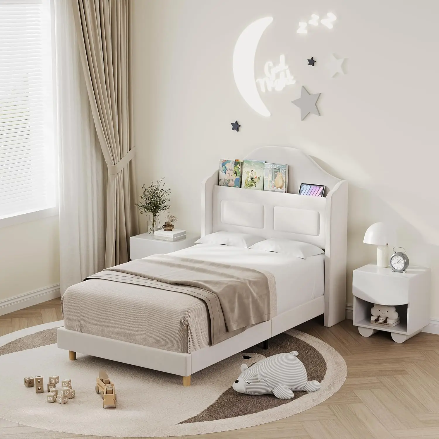 Upholstered Velvet Platform Bed Frame with Wingback Headboard, Bookcase Storage Headboard + LED Lights App/Remote Control
