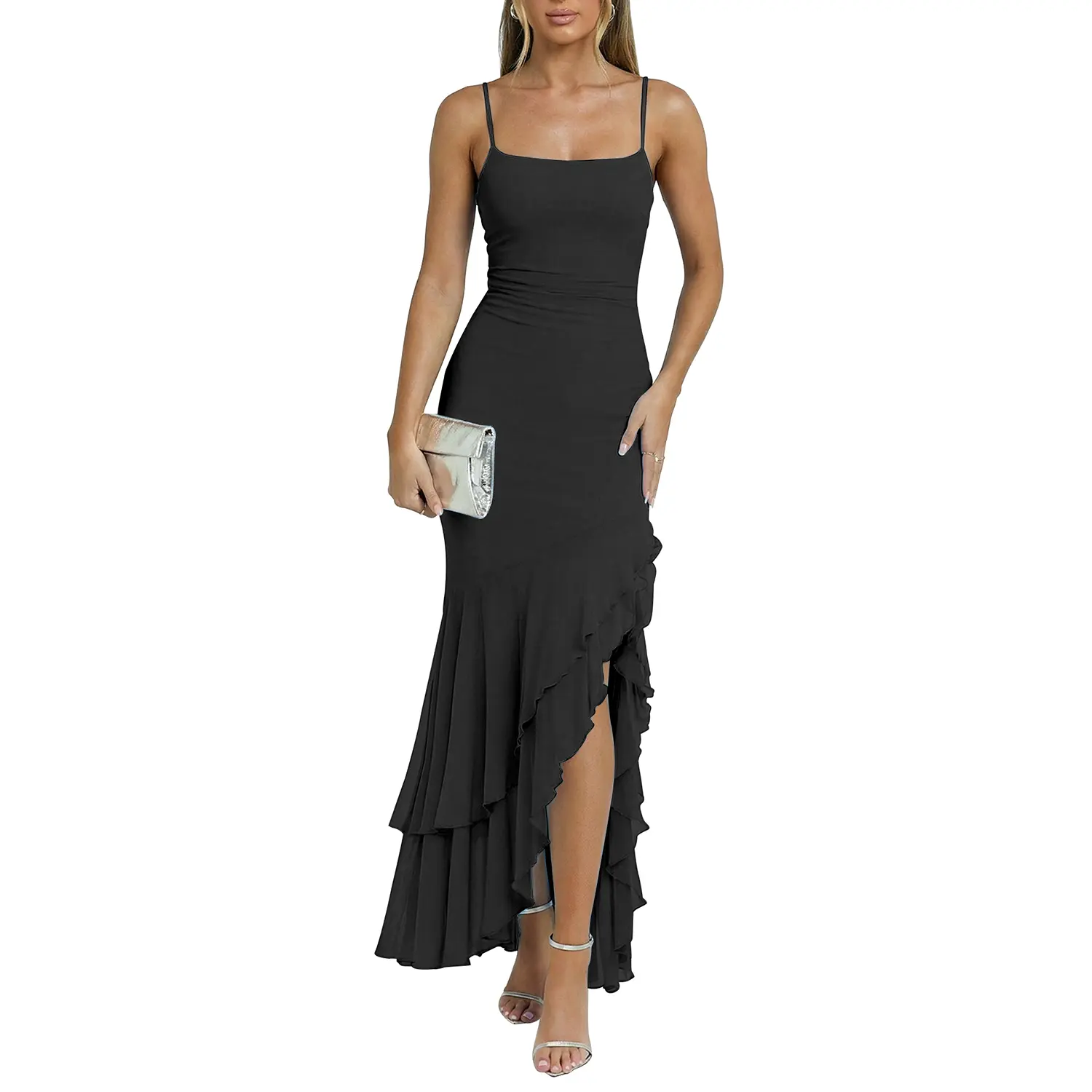 Kaximil Women's Sexy Ruched Mesh Maxi Dress - Square Neck Spaghetti Strap, High Slit Ruffle Hem, Mermaid Cut, Leg-Lengthening, Standard US Sizes, Promdress, for Wedding Guest & Evening Cocktail Beach Vacation