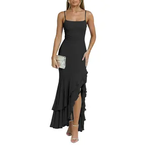 Kaximil Women's 2026 Sexy Ruched Maxi Dress - Snatched Fit Spaghetti Strap Ruffle Mermaid Hem - Elegant Wedding Guest, Prom, Cocktail & Formal Night Party Long Dress Breathable Mesh Fabric Smooth Womenswear
